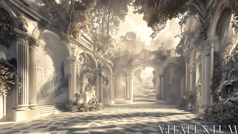 Rendered neoclassical courtyard shows arches, columns, and trees