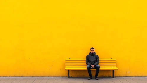 Solitary figure anchors a vast yellow minimalist universe.