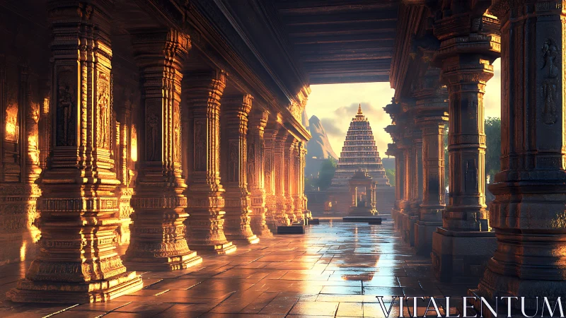 Golden temple corridor glows in warm sunrise light.