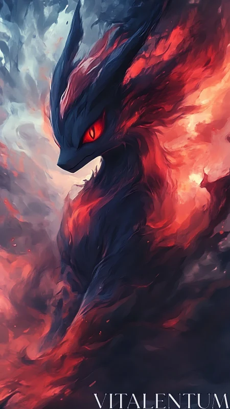 Ember-eyed shadow fox rising through molten stormfire.