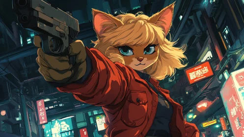 Armed cat detective aims handgun in neon city street.