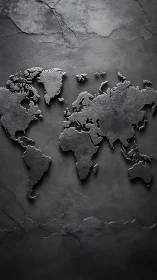 Textured metal world map on dark stone wall.