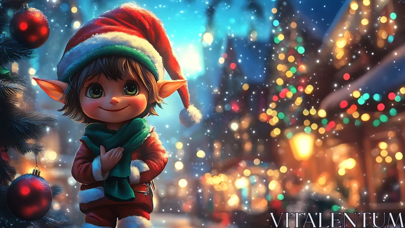 Festive elf portrait in luminous bokeh Christmas streetscape.