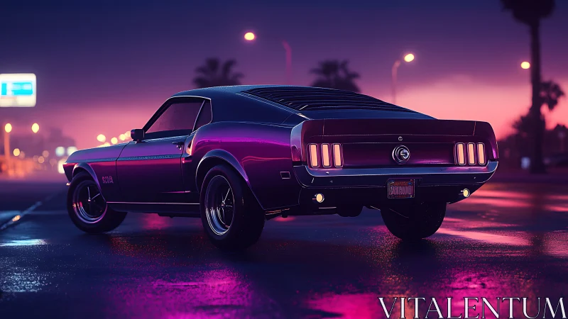 Retro muscle car glowing on neon soaked night street.