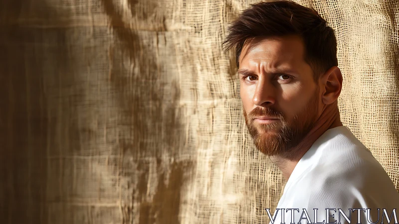 Portrait of bearded man against textured burlap backdrop.