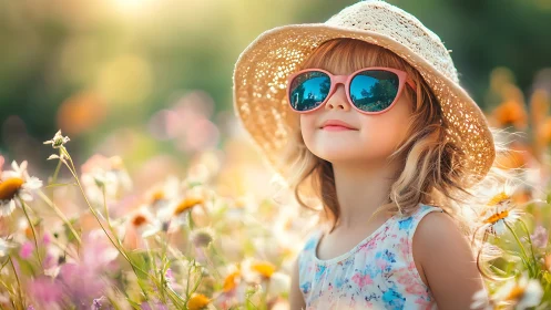Smiling girl in sun hat enjoys vibrant summer wildflower field