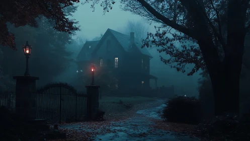 Foggy night view of solitary house beyond iron gate.