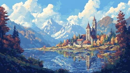 Pixel art alpine lakeside village with cathedral reflection.