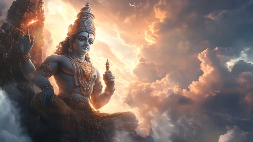 Monumental divine statue emerges through volumetric sunset clouds