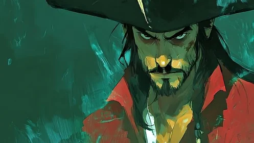 Brooding pirate captain in red coat on teal background.