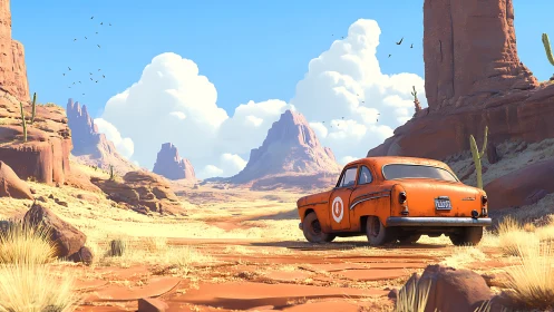 Rusty orange car crossing stylized desert canyon road.