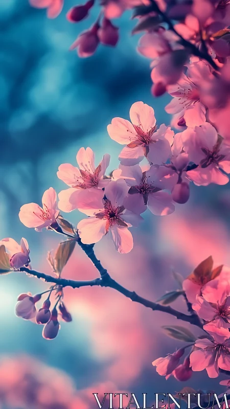Cherry Blossom Cluster: Soft-Focus Floral Study with Blue Cyan Color Gradation