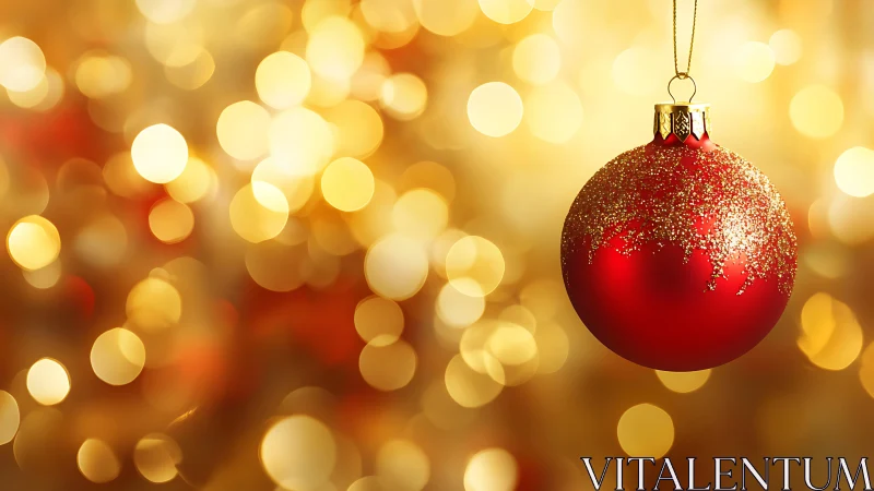 Red Christmas bauble with gold glitter bokeh lights.