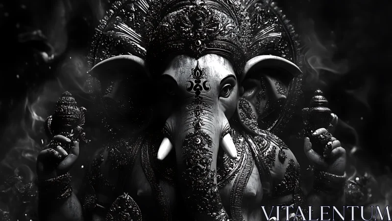 Monochrome Ganesha idol emerges from shadowed smoky void