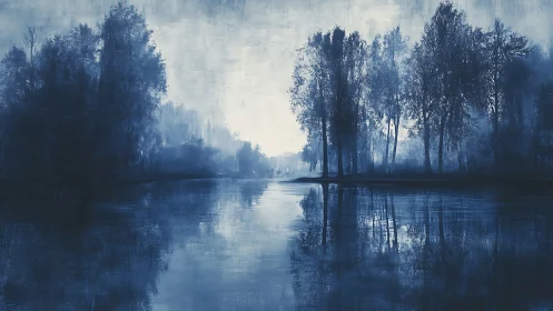 Misty blue river mirrors tall trees in quiet dawn light