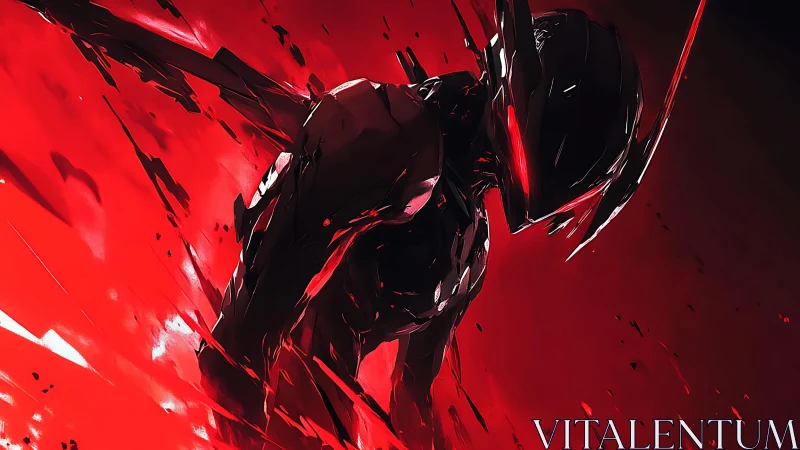 Cybernetic warrior emerges through shards of crimson light.