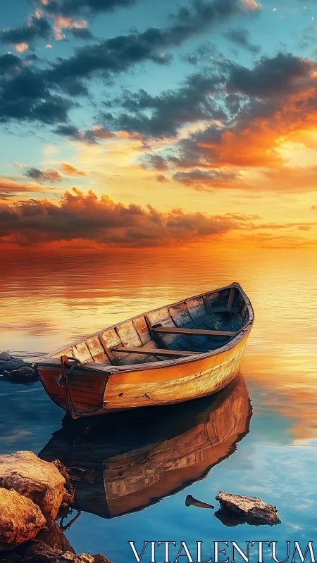 Weathered wooden rowboat on mirror lake at saturated sunset