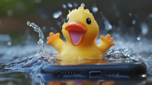 Yellow rubber duck in water spray on dark smartphone surface