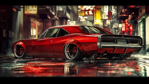 Midnight red muscle car glows warmly on sleek city streets
