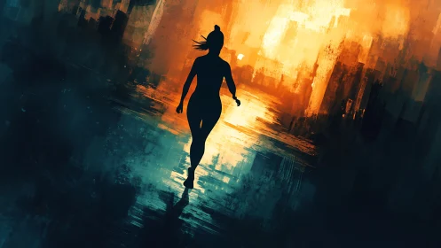 Digital painting silhouette in luminous urban abstraction.