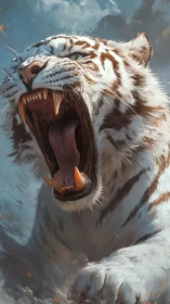 White tiger roaring in motion with powerful open jaws.