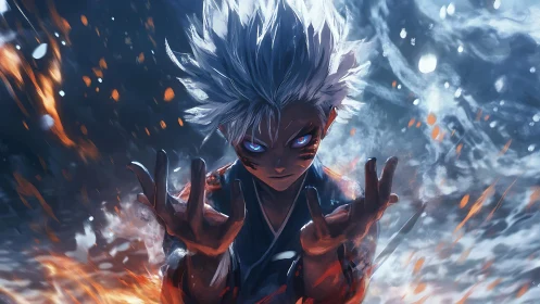 Dynamic anime sorcerer amid elemental firestorm composition.