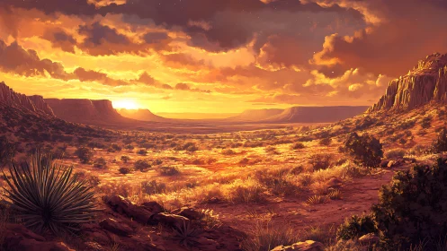 Sunlit canyon desert glowing under molten ember skies.