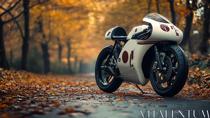 Streamlined retro racing motorcycle in autumn woodland corridor.