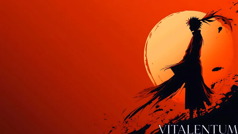 Silhouetted figure before large sun on red gradient sky.