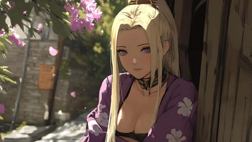 Melancholic anime girl in purple kimono beneath blossoms.