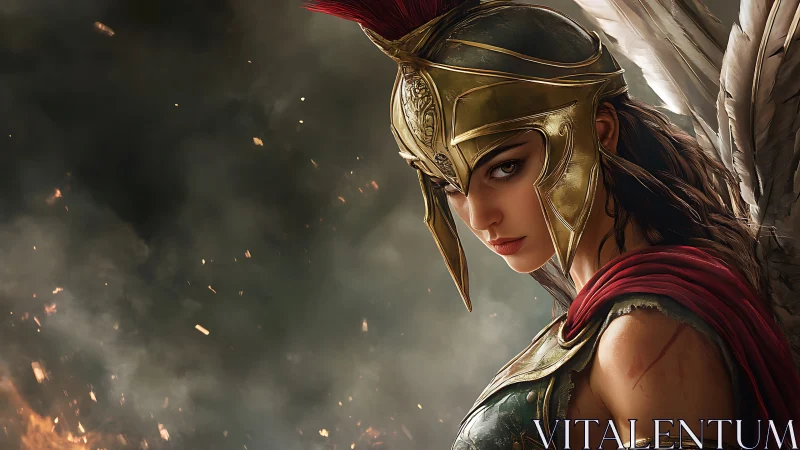 Winged armored woman in plumed helmet amid drifting embers.