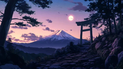 Moonlit Mount Fuji overlooks tranquil forest shrine path.