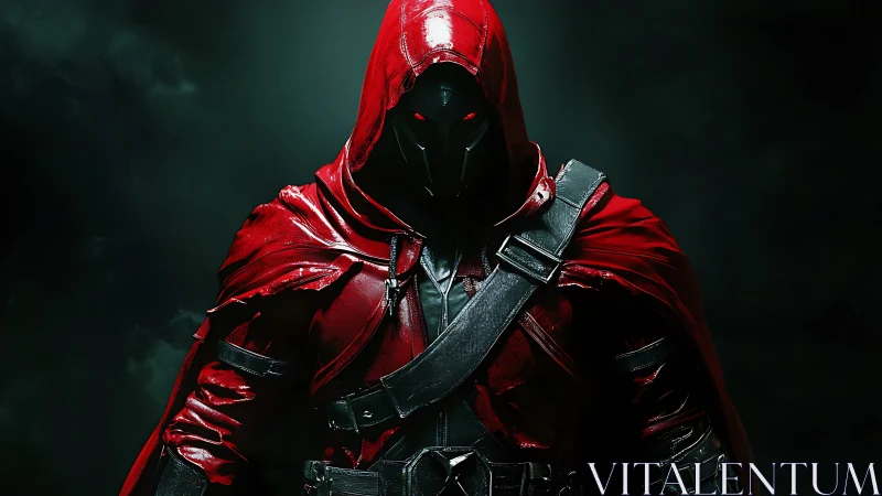 Red-hooded armored sentinel under dramatic low-key lighting.