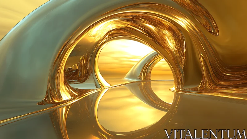 Curved metallic arches reflect golden light across smooth surface