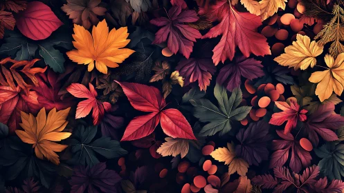 Layered multicolor autumn foliage with overlapping leaves pattern.