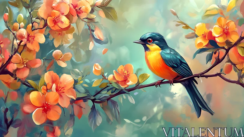 Vibrant blue and orange songbird on blossoming branch, digital art.
