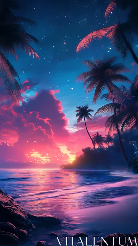 Tropical shoreline shows neon sunset under starry night sky