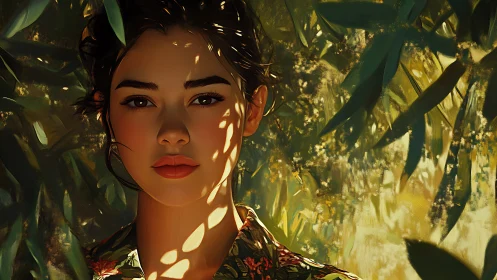 Sunlit portrait captures serene woman framed by foliage