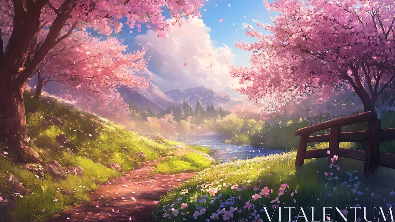 Springtime river path beneath drifting cherry blossoms.