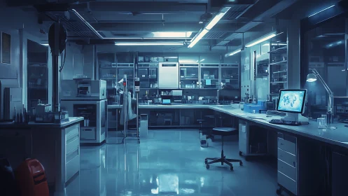 Midnight bio-lab glow where quiet machines dream in blue.