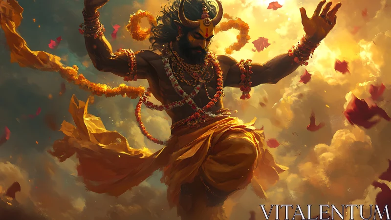 Dynamic mythic figure is rendered mid-motion in dense clouds