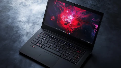 Open black laptop displays red abstract graphic on screen