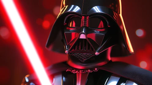 Dark-helmeted warrior stands in glowing red light with saber