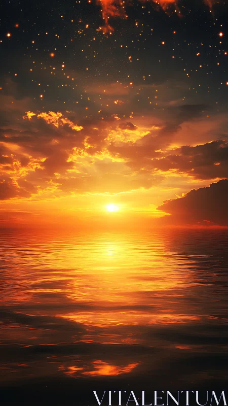 Blazing ocean sunset under star-speckled twilight sky.