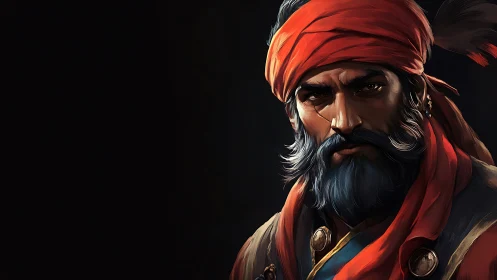 Brooding pirate captain in red turban against deep shadow.