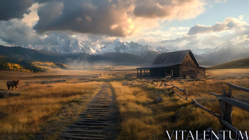 Golden mountain valley welcomes a quiet cabin at sunset