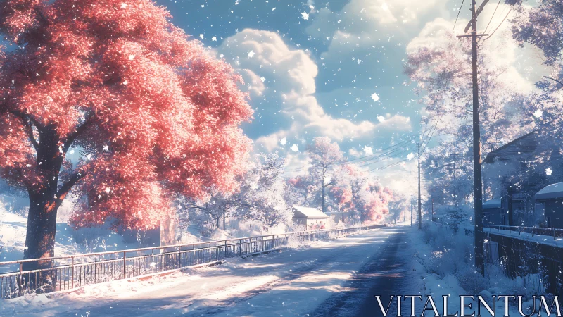 Winter sun teases candy-pink trees along a quiet road