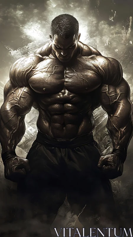 Titanic bodybuilder stands under stormlit metallic sky.