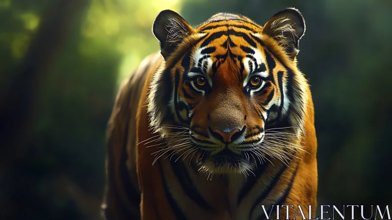 Gentle forest tiger meeting your gaze in soft golden light.