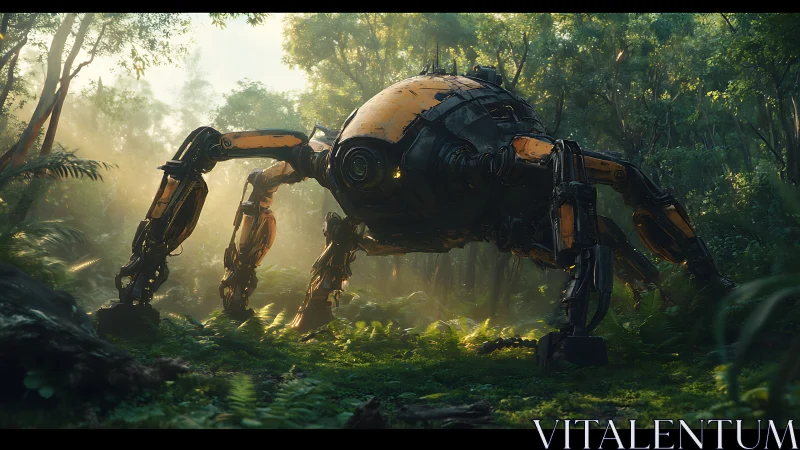 Quadruped reconnaissance mech with articulated legs in dense jungle